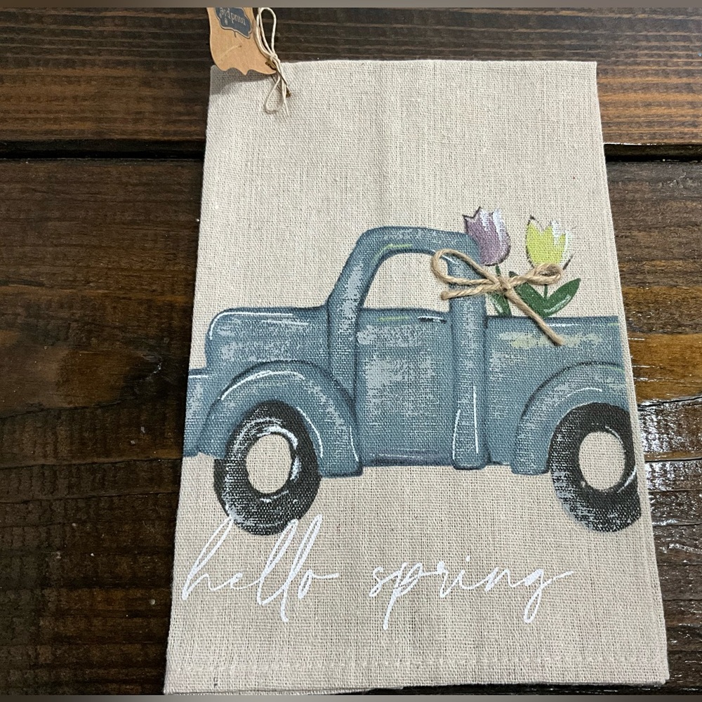 2021 Mud Pie Hello Spring Hand Towel Painted Blue Truck Easter NWT